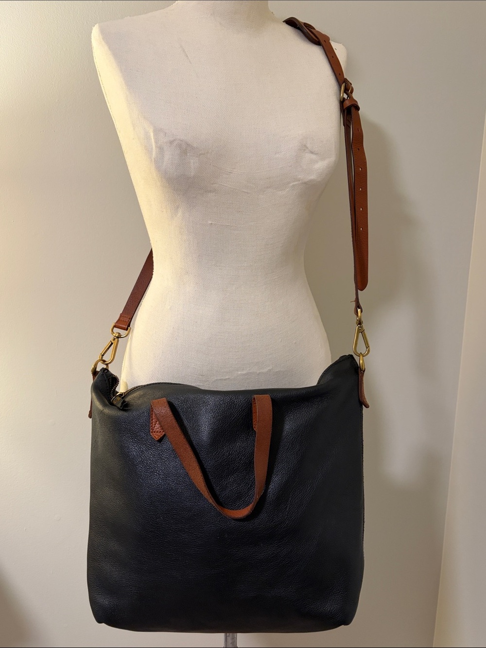 Madewell Zip-Top Medium Transport Tote Black Brown Leather